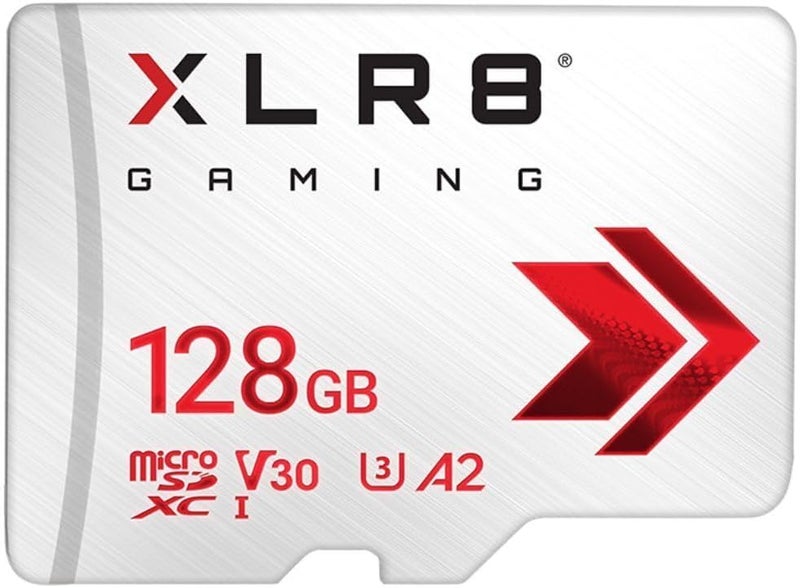 PNY بطاقة ذاكرة microSDXC سعة 128 جيجابايت XLR8 للألعاب - 100 ميجابايت/ثانية، UHS-I، 4K UHD، Full HD، U3، V30، A2 - micro SD لألعاب الكونسول المحمولة على نينتندو سويتش، ستيم ديك، الهواتف الذكية والأجهزة اللوحية - Image 1